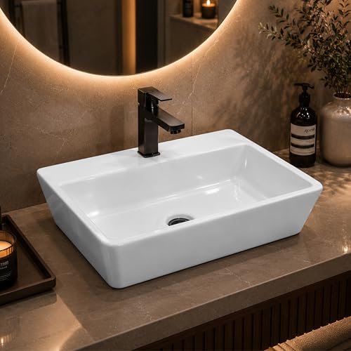 Image of WASSMIST Wash Basin | Table Top WashBasin for Bathroom with 10 Year Glaze Warranty | Premium Ceramic Rectangular Basin (17 X 14 X 4.50 inch)