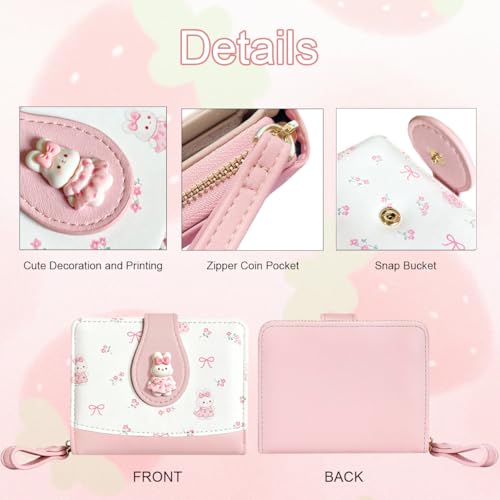 Image of Cute Print Wallet Blueberry Strawberry Cherry Wallet with Credit Card Holder Zipper Coin Purse for Women Girls (RABBIT)