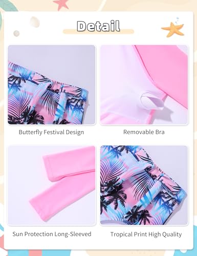 Image of Fuermos Girls Rash Guard Swimsuits 2 Piece Solid Color Long Sleeve Swimsuit and Print Bathing Suit Girls' Swimwear 6-16Y
