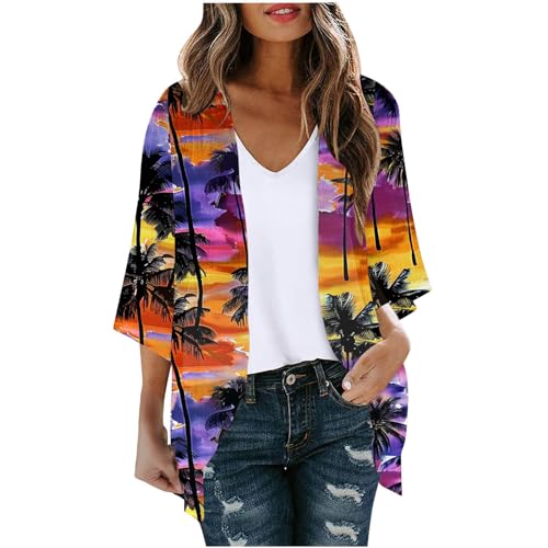 womens kimonos for summer Women Floral Print Lightweight Chiffon Kimono Cardigan Half Sleeve Loose Beach Wear Open Front Cover Up Blouse Tops Yellow XXL