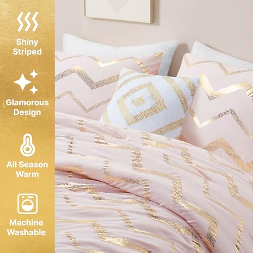 Codi Metallic Print Pink / Rose Gold Comforter Set for Full / Queen Size Bed, Cute Blush Teen Girls Bedding Sets, 4 Piece (2 Matching Sham + 1 Decorative Pillow)