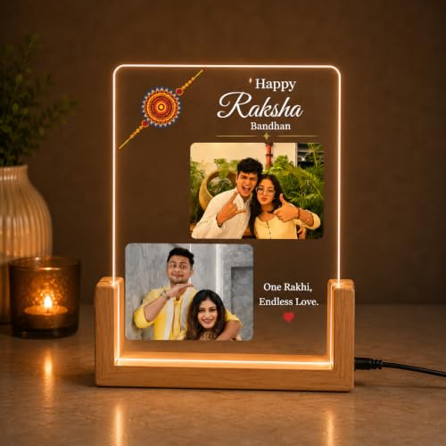 Image of Personalized Raksha Bandhan Acrylic LED Lamp with Custom Photo (Design 2) | Night Light, Brother Sister, Free Rakhi Included, Custom Photo