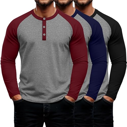 3 Pack Men's Long Sleeve Baseball Raglan T-Shirts S-3XL, Henley Tops Sport Athletic Jersey Tee Cotton Shirts