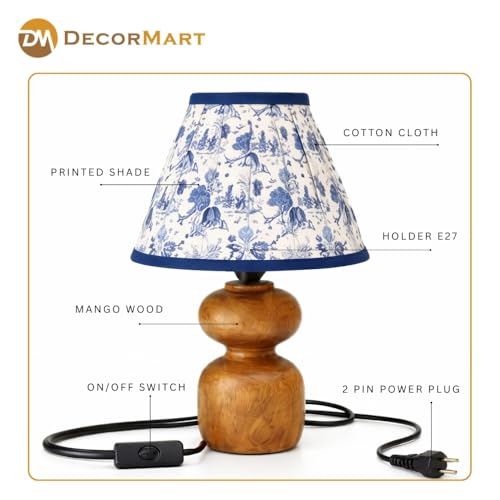 Image of The Decor Mart Printed Shade Table Lamp with Wooden Base|Sleek Decor Decorative Beside Light for Desk,Bedroom, Living Room, Home Office and Hotel(20x20x30 cm) (Blue)