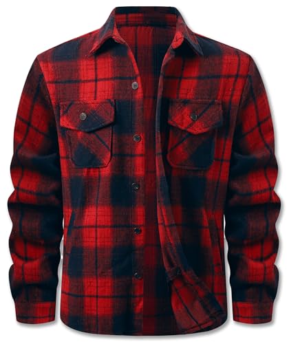 Image of Cromoncent Mens Boys Thick Flannel Shirt Long Sleeve Shirt Jacket Casual Button Down Multi Pockets Shacket