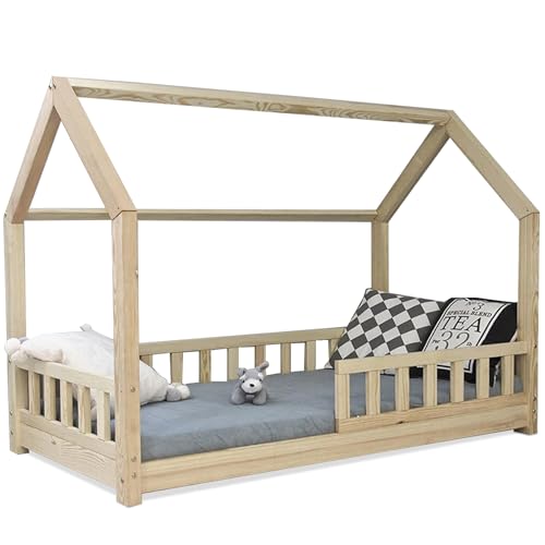 Best for Kinder Kinderbett Kinderhaus mit Lärmschutz Jugendbett Naturhaus Holzbett mit oder ohne 10 cm Matratze viele Größen (90 x 200 cm mit Matratze)
