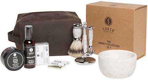 SHASH Sidney Collection Shaving kit, Shaving set White - Includes Butterfly Razor, Best Badger Brush, Stand, Pre-Shave Oil, Shaving Cream, and Double Edged Blades - Premium Quality Brass and Chrome