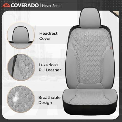 Image of Coverado Car Seat Covers for Front Seats, Luxury Diamond Leather Car Seat Cover with Carbon Fiber Weave, Waterproof Automotive Seat Protectors 2-Pack, Driver Seat Covers Universal Fit Most Cars,Gray
