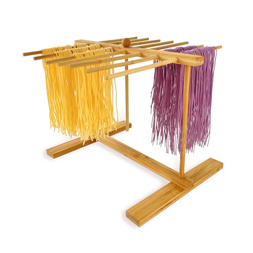 Mozphae Bamboo-Pasta-Drying-Rack with Transfer Wand & 14 Arms, Large Collapsible Fresh Pasta Dryer Holder for Homemade Noodle, Spaghetti, Tagliatelle, Detachable Fettuccine Hanger Stand with 14 Bars