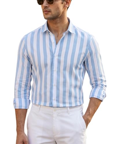 Image of IndoPrimo Men's Striped Cotton Shirt | Slim Fit Stylish Casual Shirt for Man | Full Sleeve Summer Wear Vertical Stripe Shirt for Office, Vacation