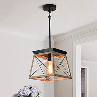 Ganeed Farmhouse Pendant Light Metal Cage with Wooden Finish,1-Light Rustic Lantern Chandelier,Adjustable Height Hanging Light Fixture for Kitchen Island Dining Room Bedroom Foyer
