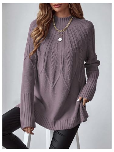 Image of Verdusa Women's Cable Knit Chunky Sweaters Mock Neck Long Sleeve Pullovers Tunic Top Purple Medium