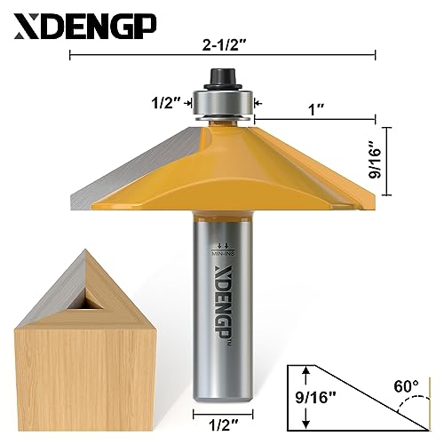 Image of 60 Degree Chamfer Router Bit with 9 /16 Inch Cutting Length,1 /2 Inch Shank Carbide Edge Forming Bevel Router Bit with Bearing, Chamfer Bit Miter Angle Milling Cutters Tool