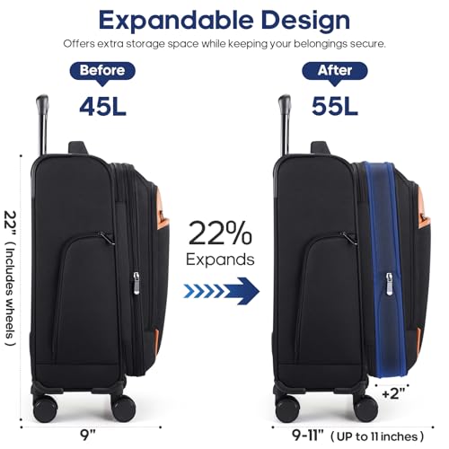 UKEIN Softside Expandable Carry On Luggage 22x14x9 Airline Approved, 20 Inch Suitcase with Wheels & TSA Lock, Travel Suitcase with 4-Piece Packing Bags for Women Men - Image 3