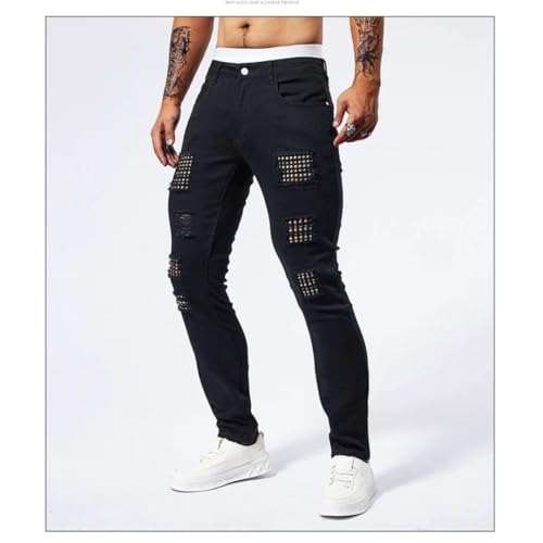 Men's Muscle Jeans Elastic Slim Fit Perforated Patch Street Tight Pants2