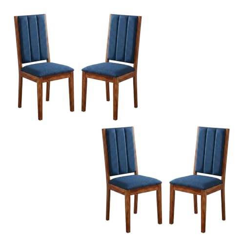 Image of Wooden Dining Chairs with Blue Cushions | Wooden Chairs | Dining Room Furniture with Cushions | 4 Dining Chairs | Chair for Home use with Cushions