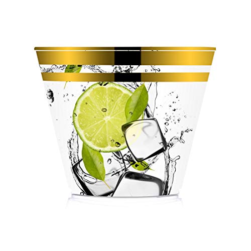 Delara Goods 100-Pack Premium 9 oz Double Gold Rimmed Disposable Plastic Cups for Parties, Dinners, Weddings. Excellent Disposable Wine Glasses, Cocktails, Champagne