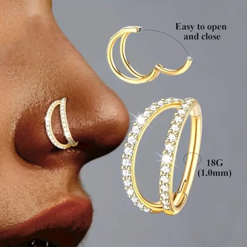 18G/16G Nose Rings Hoop and 20g Nose Studs Sets for Women Men, Hypoallergenic 316L Surgical Steel Hinged Clicker Segment CZ Nose Hoops Double Hoop Nose Ring Septum Lip Helix Cartilage Daith Tragus Sleeper Earrings Gold Silver L Shape/Corkscrew Nose Studs Nostril Small Piercing Jewelry, Pack of 4Pcs3