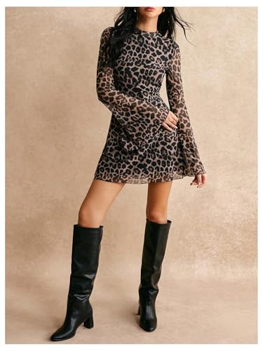 Image of BEAUDRM Women's Y2k Leopard Print Sheer Mesh Mini Dress Bell Long Sleeve Short Dresses