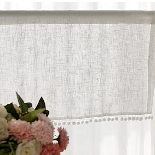Miniatura 4 de A.Monamour Cortina Cocina Ventana Puerta Corta Pequeña Lino De Algodón Transparente Translúcida Visillo Blanco Liso Con Borla De Pompón Bolsillo Para Varilla Panel Cenefa Rustica Bistro