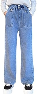 LittleXin Kids Girls' Fashion Elastic Waist Wide Leg Baggy Denim Pants Straight Washed Loose Jeans Age 5-14 Years