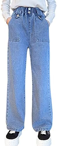 Kids Girls' Fashion Elastic Waist Wide Leg Baggy Denim Pants Straight Washed Loose Jeans Age 5-14 Years