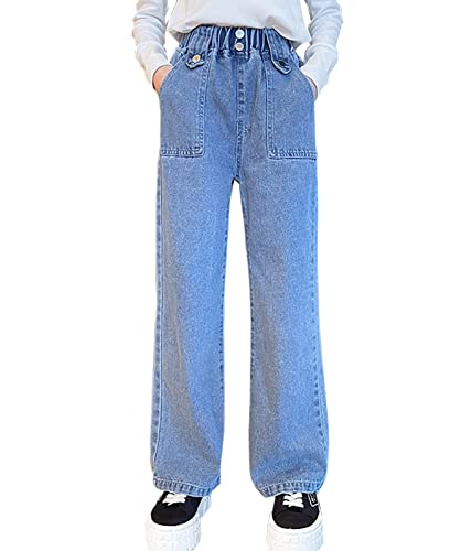 LittleXin Kids Girls' Fashion Elastic Waist Wide Leg Baggy Denim Pants Straight Washed Loose Jeans Age 5-14 Years