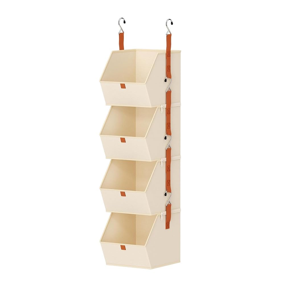 CTRLZS Closet Organizer 4 Tier Hanging Clothes Shelves, Space-Saving Closet System, Fabric Storage Bins Bedroom Beige