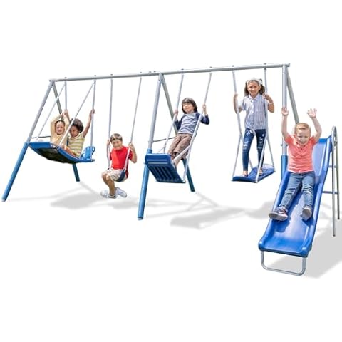 Sportspower Super Surfer Metal Swing Set with 6ft Slide, Skyflyer Swing, Surfboard Swing, Standing Swing and Classic Sling Swing with Slide Cover