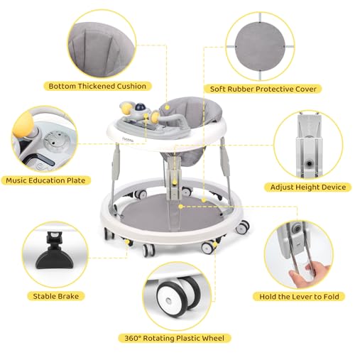 baby walker with wheelsmusic and lights baby walker for boys girls 6-12 monthsfoldable baby walkers and activity centertoddler infant walker with 7-speed height adjustmentdetachable plategray