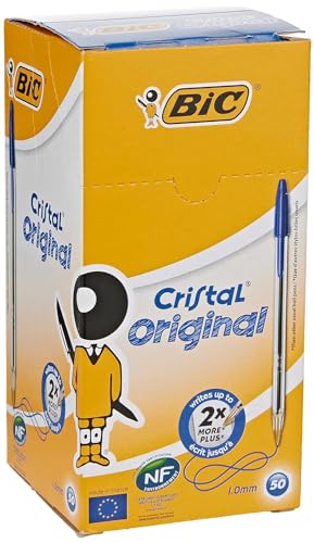 Bic Cristal Original Ballpoint Pens, Medium Point (1.0 Mm) Every-Day Writing Pens With Clear Barrel, Blue, Box Of 50