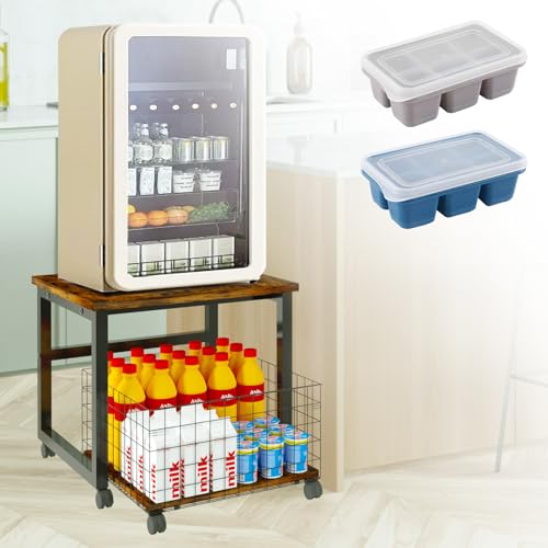 Mini Fridge Stand with Storage Basket, Mobile Refrigerator Stand, Rolling Compact Fridge Cart with Wheels, Heavy Duty Fridge Beverage Table for Home, Office, Dorm - Brown, Includes 2 Ice Cube Trays