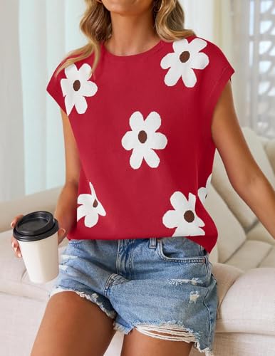 Image of ZESICA Women's Summer Trendy Knit Top 2026 Floral Print Short Sleeve Crewneck Loose Fit Sweater Vest Going Out Clothes