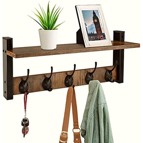 Homode Wall Hooks with Shelf, Wood Coat Rack with Shelf Wall-Mounted, Entryway Hanging Shelf with 5 Metal Hooks for Clothes Hats Towel Purse Robes, Bathroom Mudroom Bedroom, Rustic Brown Black Cover
