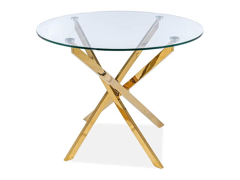 Signo Meble   Mesa de comedor redonda de cristal templado y 4 patas de metal dorado   D 90 x 75 cm