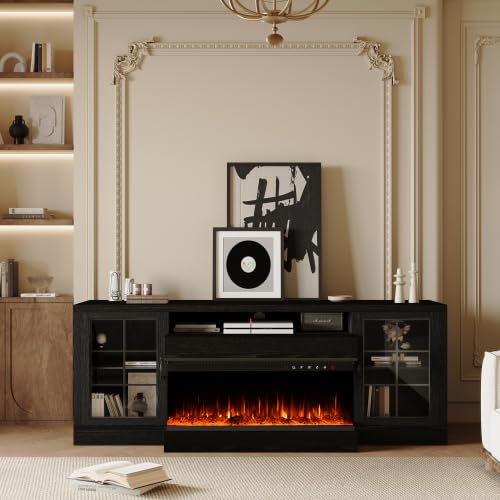 60" Fireplace TV Stand for TVs up to 75", Farmhouse Entertainment Center with 30" 3-Sided Electric Fireplace, Glass Door Cabinets, Storage Shelves & Cable Management (ONLY Stand)