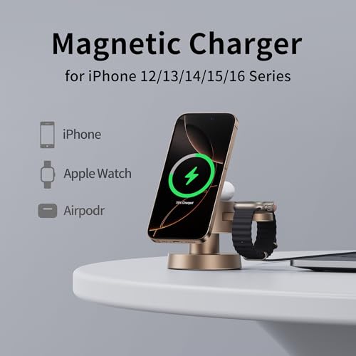 Image of 4 in 1 Magnetic Wireless Charging Station,15W Fast Charging with Adjustable Night Light,Magnetic Wireless Charging Station for iPhone 16 15 14 13 12 Pro Max & Apple Watch, AirPods 3 /2 /1 /Pro(Sand Gold)