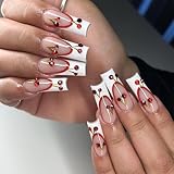 Wugbc Press on Nails Long Square White French Tip Fake Nails Kit with Red 3D Cherry Design Acrylic Nail Press ons Glossy Full Cover Glue on Nails Reusable Stick on Nails Set for Women Manicure Art