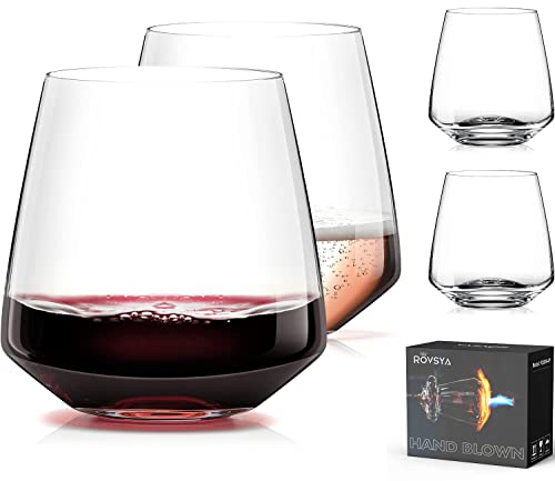 Stemless Wine Glasses Set of 4-13.5oz，Hand Blown Crystal Red White Wine Glasses - Unique gifts for him/her for wedding, birthday, Christmas, father's day, anniversary - clear.