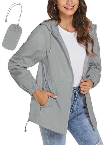 iWoo Rain Jacket da donna Giacca impermeabile da donna, leggera, impermeabile, antivento, sottile, pieghevole, per viaggi, bicicletta, pioggia, Cenere XL