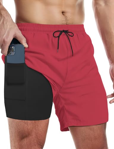 Buauty Mens Swim Trunks with Compression Liner 5 Inch Inseam Quick Dry Swim Shorts Mens Swimsuit Board Shorts with Pockets Red