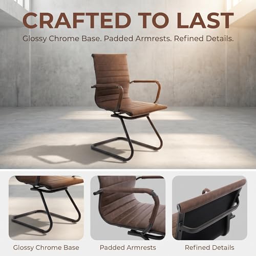 Image of HNY Leather Office Guest Chairs & Reception Chairs Set of 8, Modern Waiting Room Chairs with Arms, Desk Chair no Wheels with Sled Base for Waiting Room /Conference Room, Retro Brown