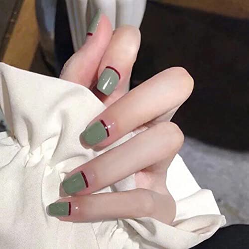 IMSOHOT Short Square Press on Nails Glossy Green Fake Nails with Designs False Nails Squoval Full Acrylic Glue on Nails for DIY Nail Art Salon Women and Girls(12 Sizes)