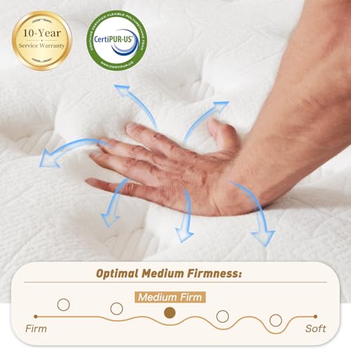 10 Inch Queen Size Hybrid Mattress with Gel Memory Foam and Individual Pocketed Coils for Motion Isolation & Edge Support, Medium Firmness for Pressure Relief, CertiPUR-US Certified,in a Box