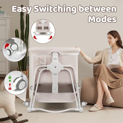 4 in 1 Baby Bassinet Bedside Sleeper, Rocking Baby Crib with Lockable Wheels, Storage, Mosquito Net and Matress Included, 7 Level Adjustable Bedside Bassinet for Baby Newborn(Cream)