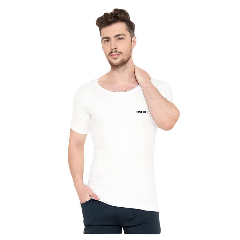 Image of INNERO Men's Vest with Sleeves | Cotton Half Sleeve Round Neck Vest, Baniyan, Ganji, Undershirt (White)