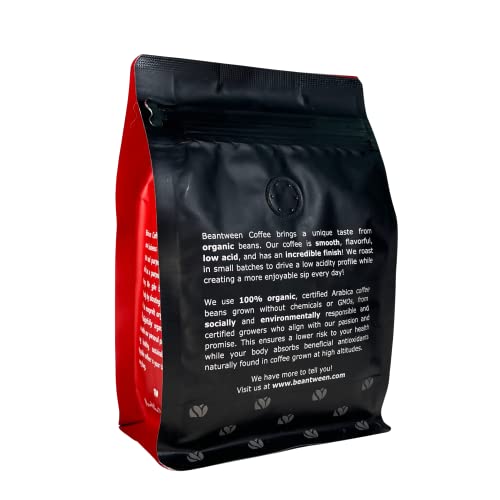 Beantween Coffee: Premium Organic MEDIUM ROAST Ground (12oz) of 100% Arabica Coffee – Low Acid, MOLD-FREE, Certified Organic, Kosher, Single Origin, Woman-owned