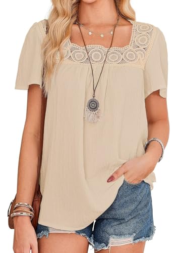 Womens Tops 2025 Boho Blouses Short Sleeve Flowy Square Neck Casual Peasant Summer Floral Lace Hem Textured Shirts