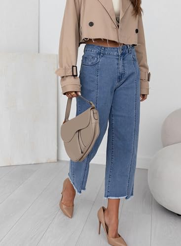 Sidefeel Womens Jeans Trendy 2024 High Waisted Wide Leg Straight Leg Raw Hem Cropped Denim Pants Sky Blue Size 10 thumb #5