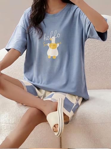 Image of Celary Korean Women's Pyjama Set|Cute Printed T-Shirt & Shorts Set|Soft Cotton Blend Women Night Suit Sleepwear| Shorts Set for Women